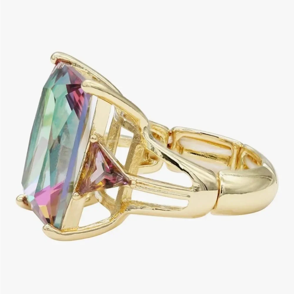 Multicolor Radiant Diamond Statement Ring 14K Gold Plated Stretch Cocktail Ring
